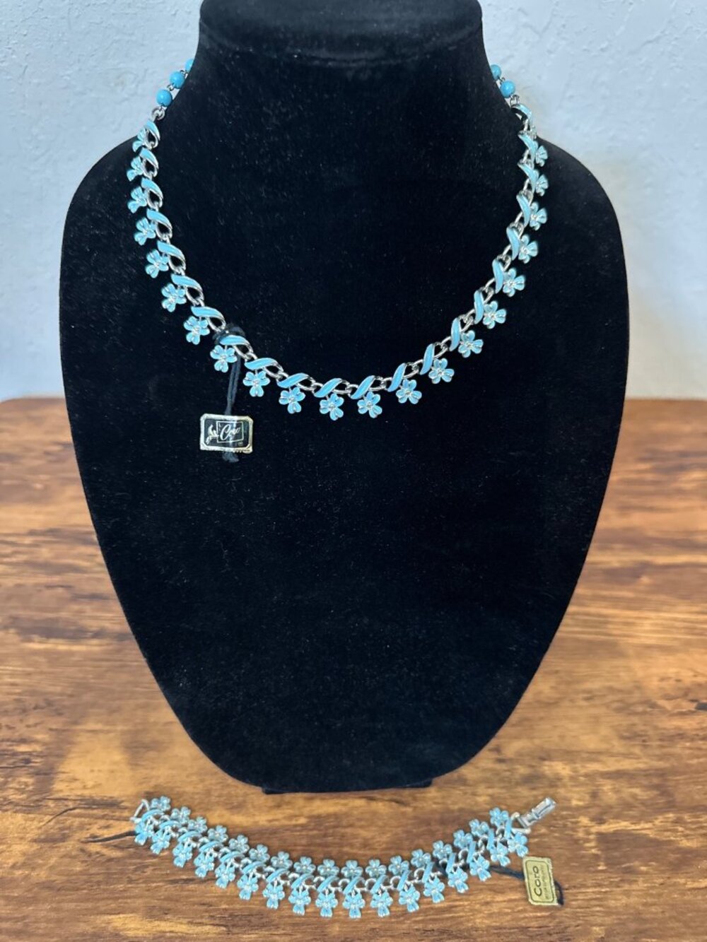 Mid Century Coro Pastel Blue Choker Necklace and Bracelet Set with Tags